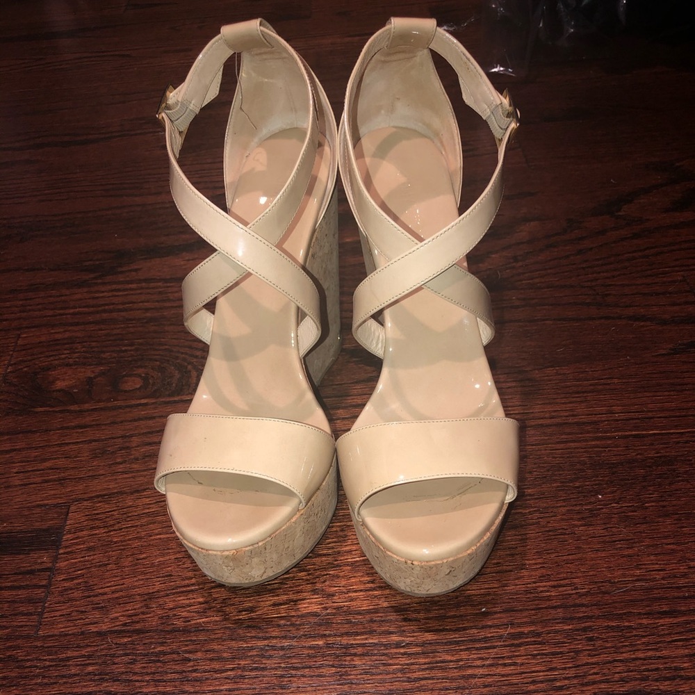 Patent Leather Nude Cork Wedge Jimmy Choo Sandals